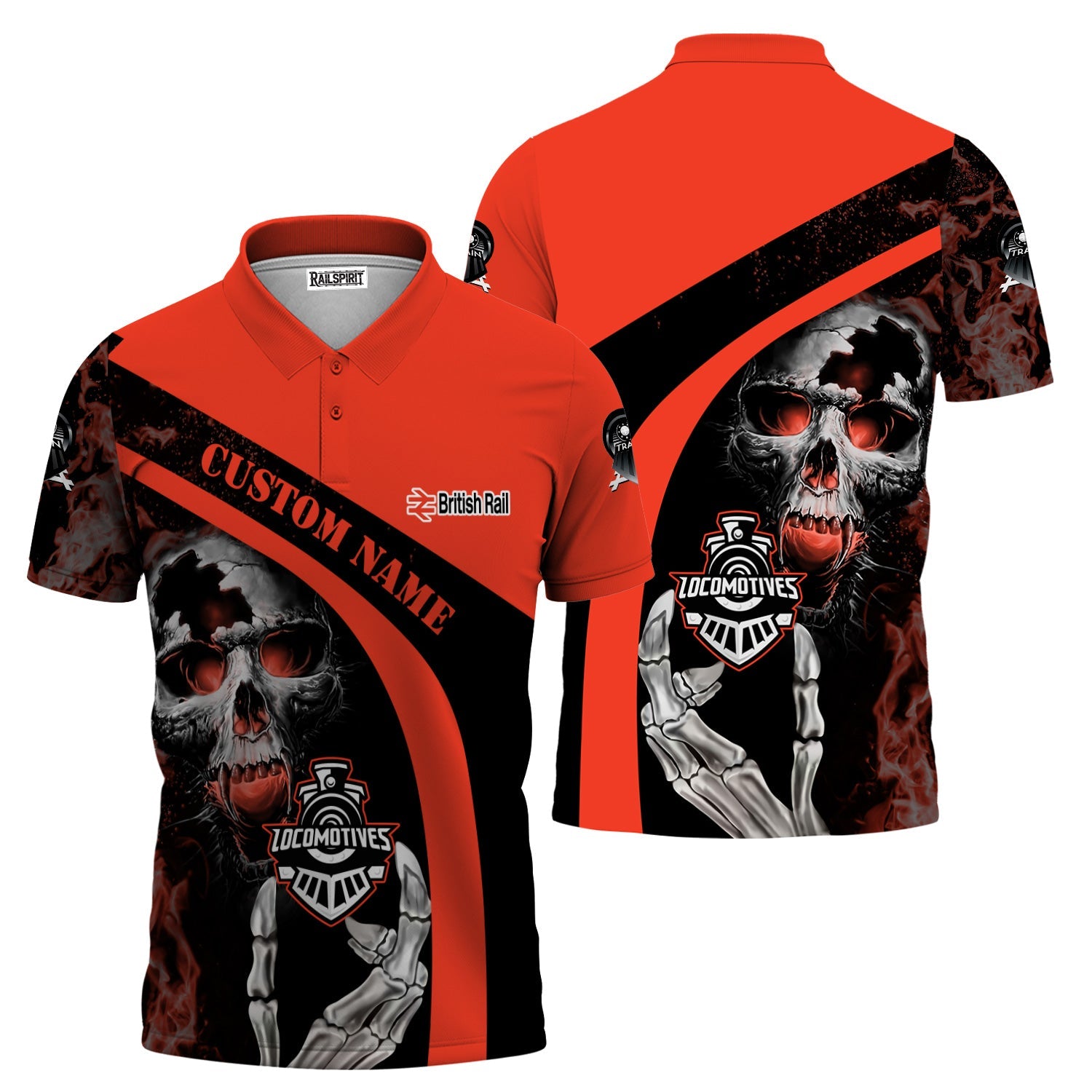 Railspirit Personalized British Railway Polo Shirt Flame Skull Design Train Shirt for Locomotive Fans