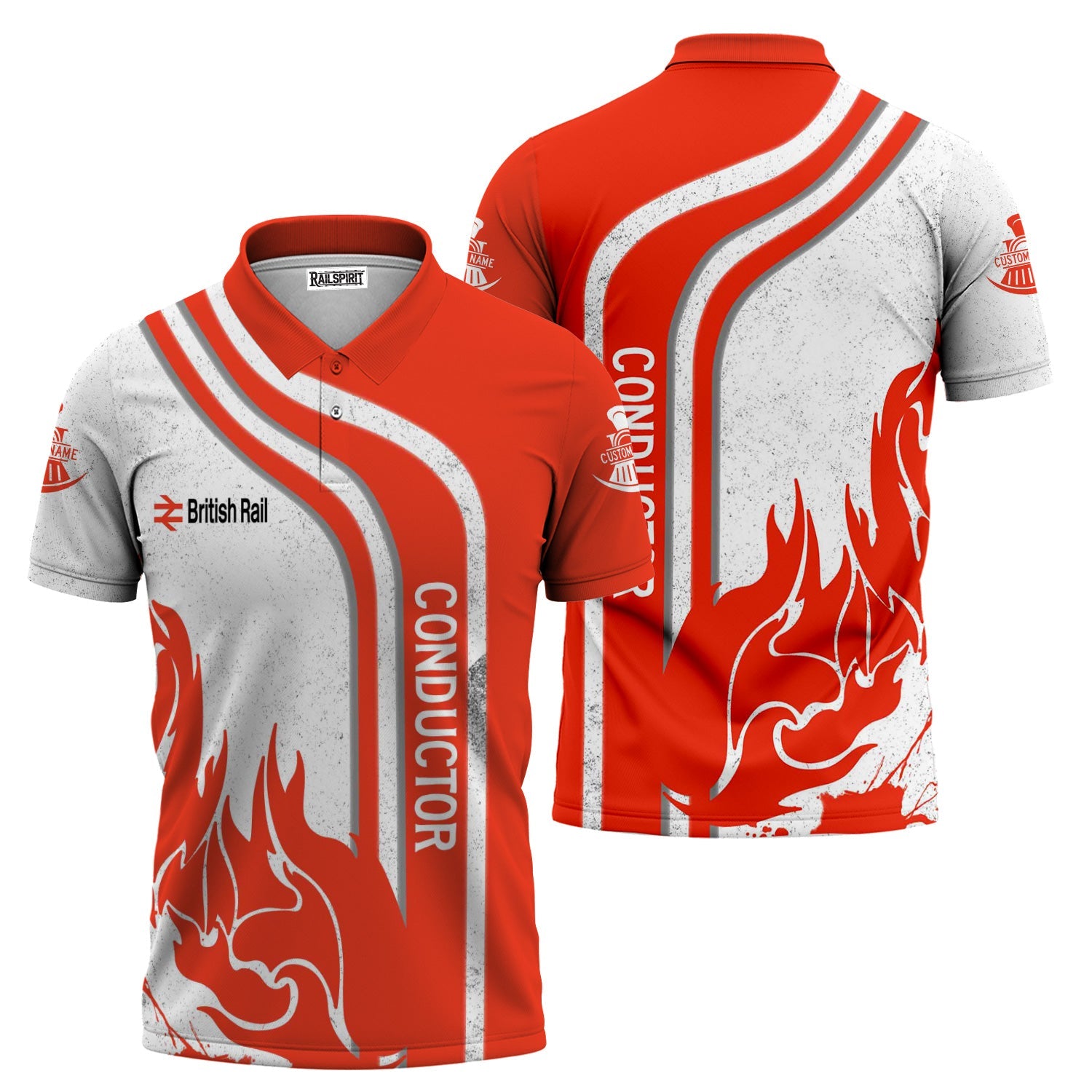 Railspirit Personalized British Railway Polo Shirt Flame Design with Custom Job Position Train Shirt