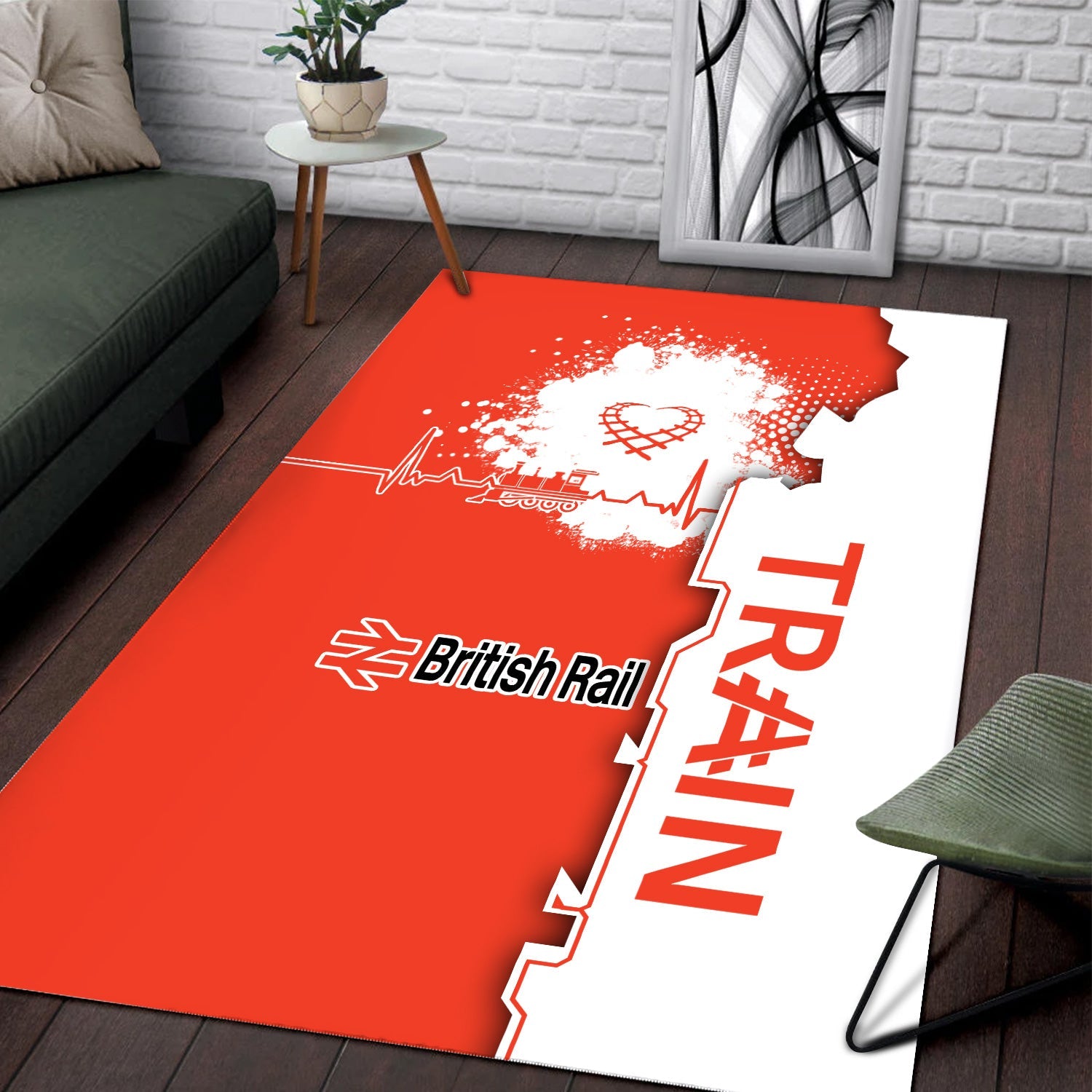 Railspirit British Railway Area Rug Engine Heartbeat and Track Love Style Rug Gift Idea For Train Lovers