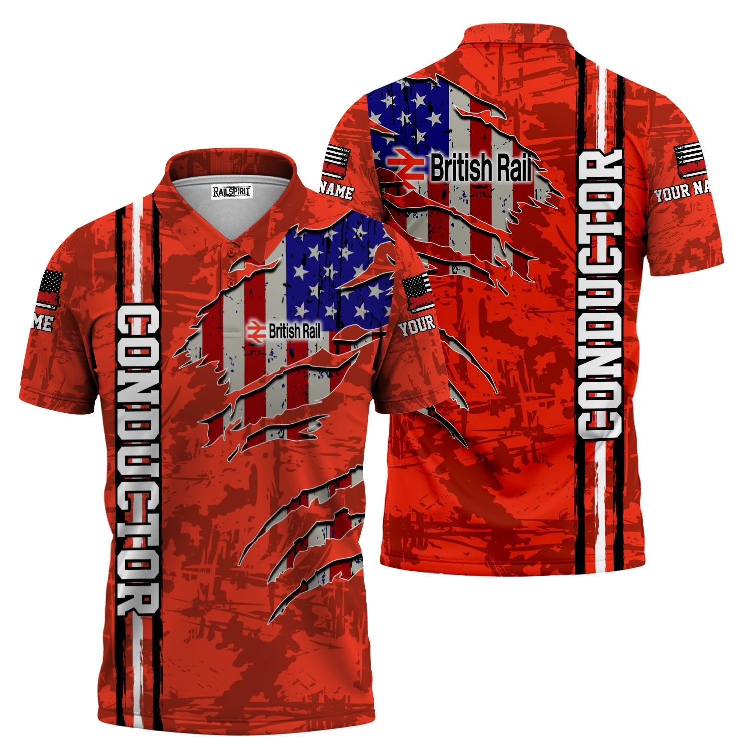 Railspirit Personalized British Railway Polo Shirt USA Flag Claw Art with Custom Job Train Shirt