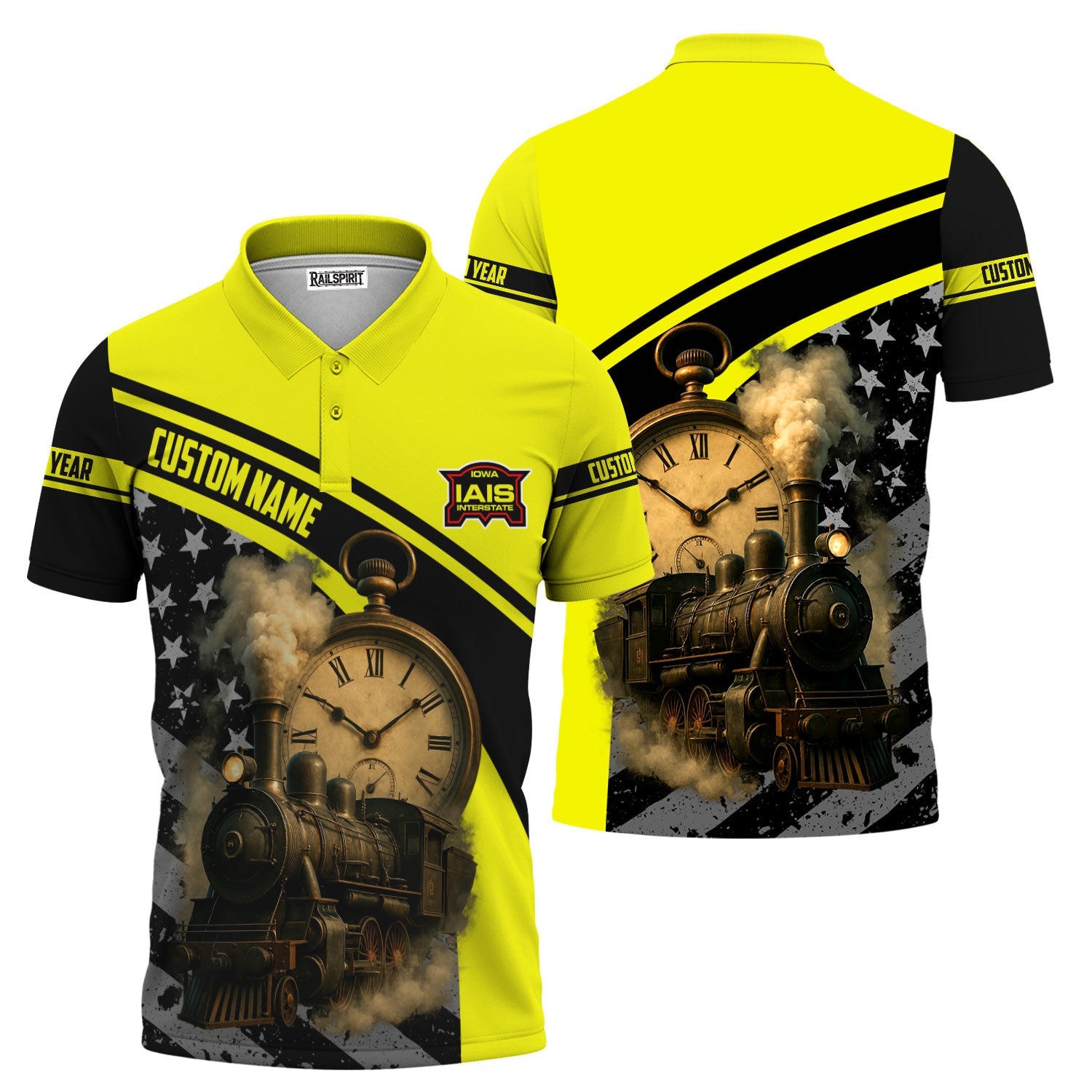 Railspirit Personalized Iowa Interstate Railroad Polo Shirt Classic Steam Engine With Retro Pocket Watch IAIS Shirt All Over Print