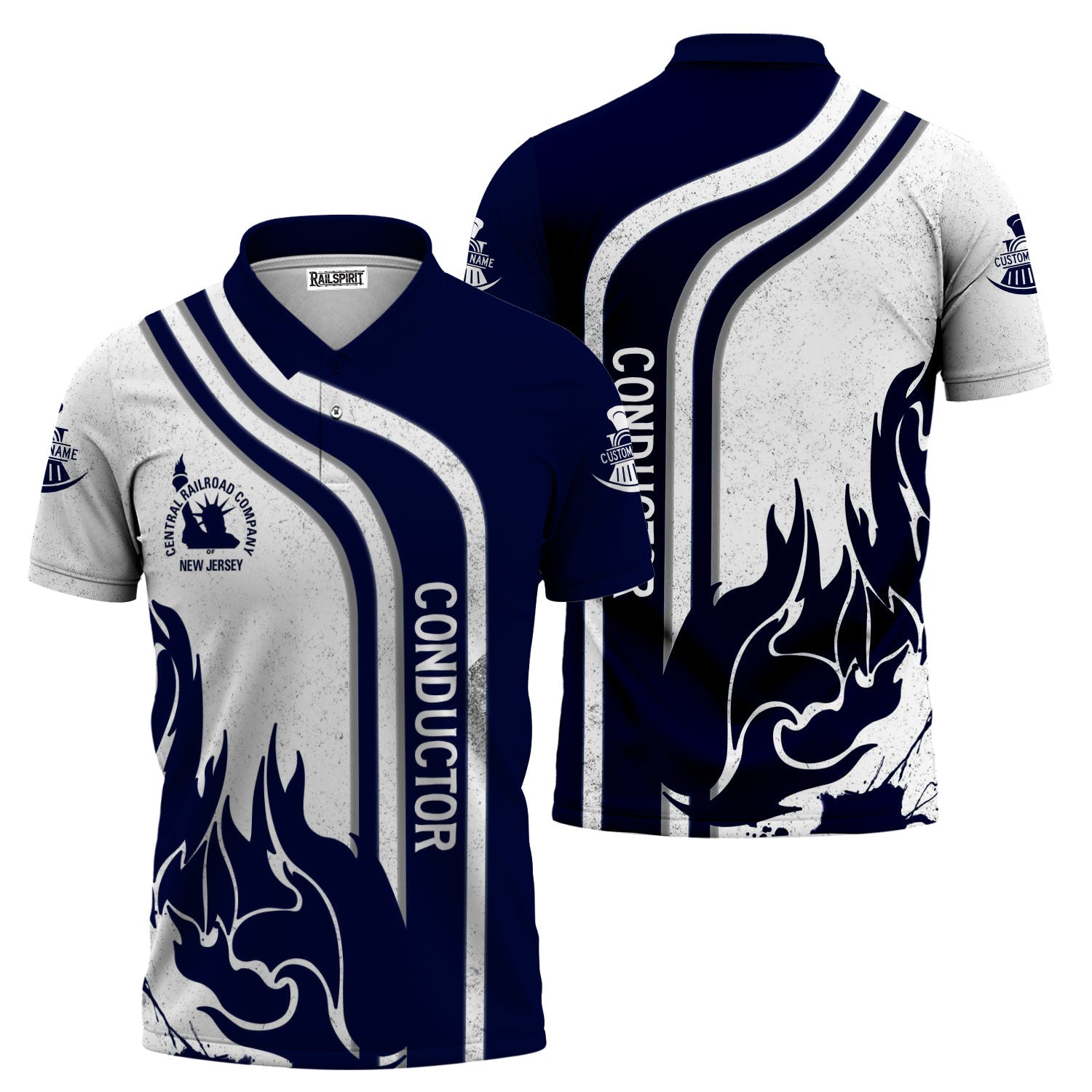 Railspirit Personalized Jersey Central Railroad Polo Shirt Flame Design with Custom Job Position CNJ Train Shirt