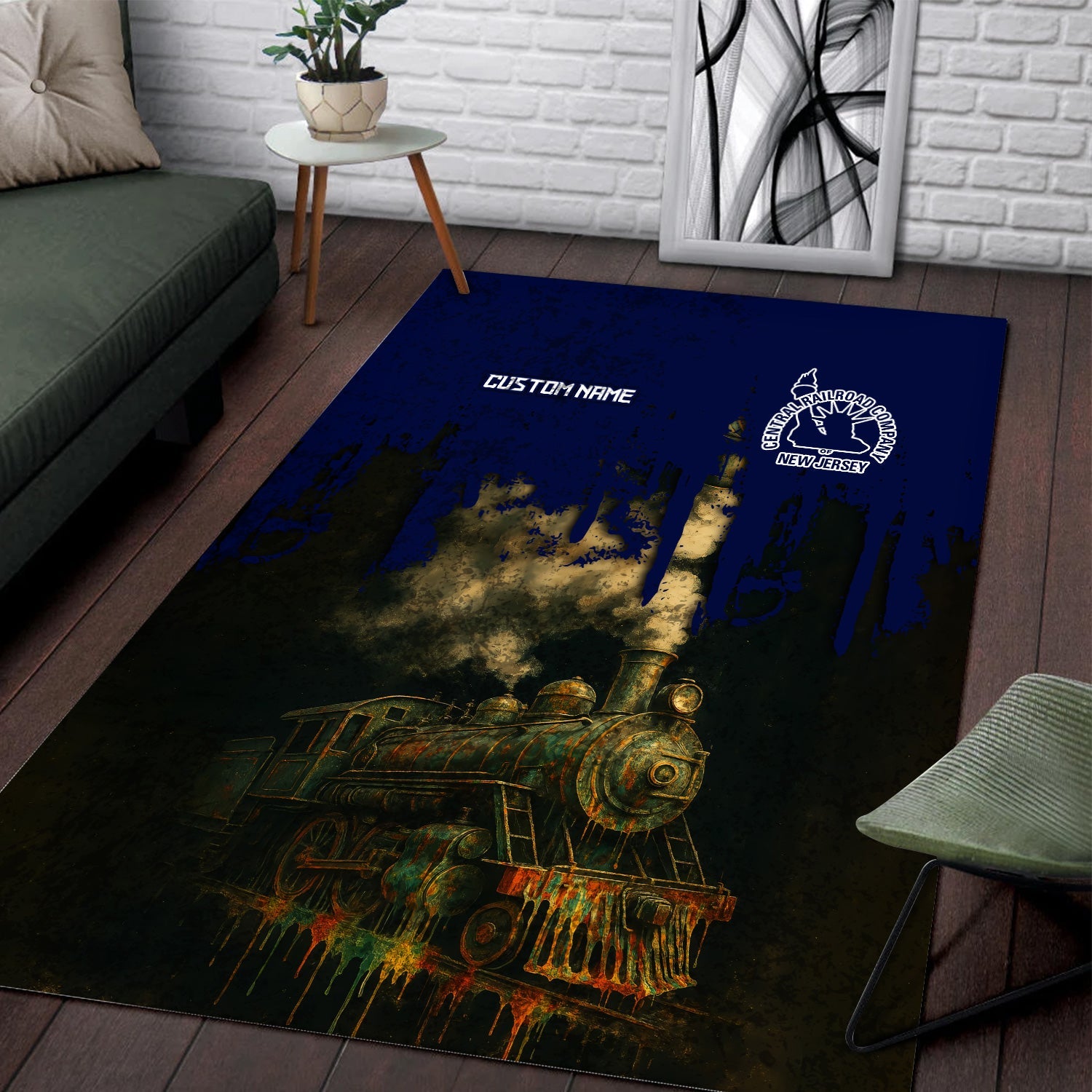 Railspirit Personalized Jersey Central Railroad Area Rug Vintage Train Art Style Rug For Locomotive Fans