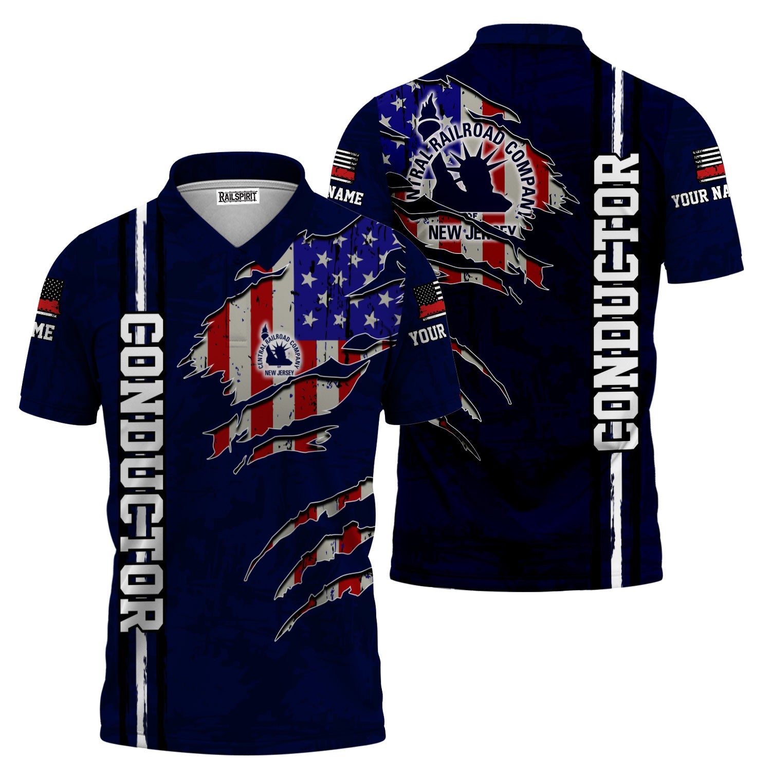 Railspirit Personalized Jersey Central Railroad Polo Shirt USA Flag Claw Art with Custom Job CNJ Train Shirt