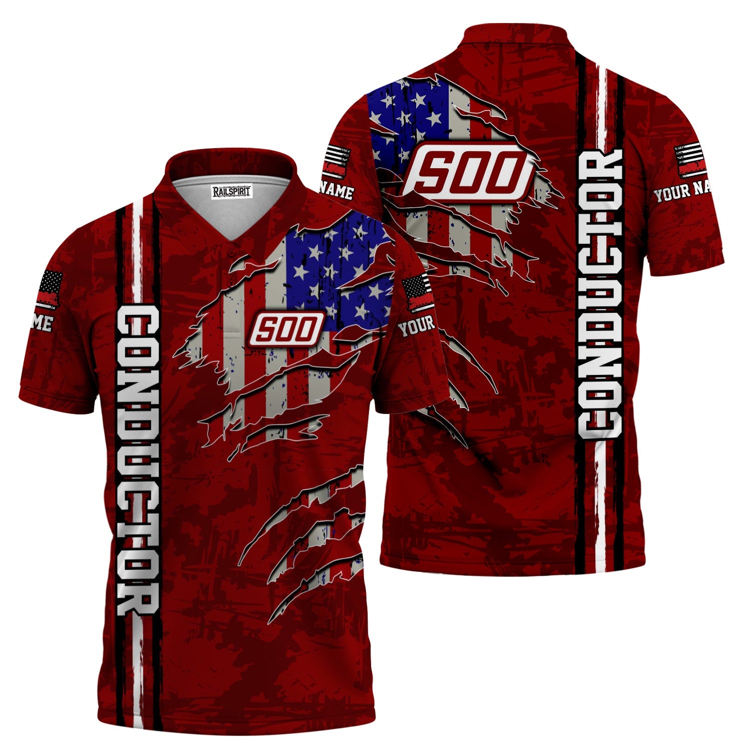 Railspirit Personalized Soo Line Railroad Polo Shirt USA Flag Claw Art with Custom Job Train Shirt