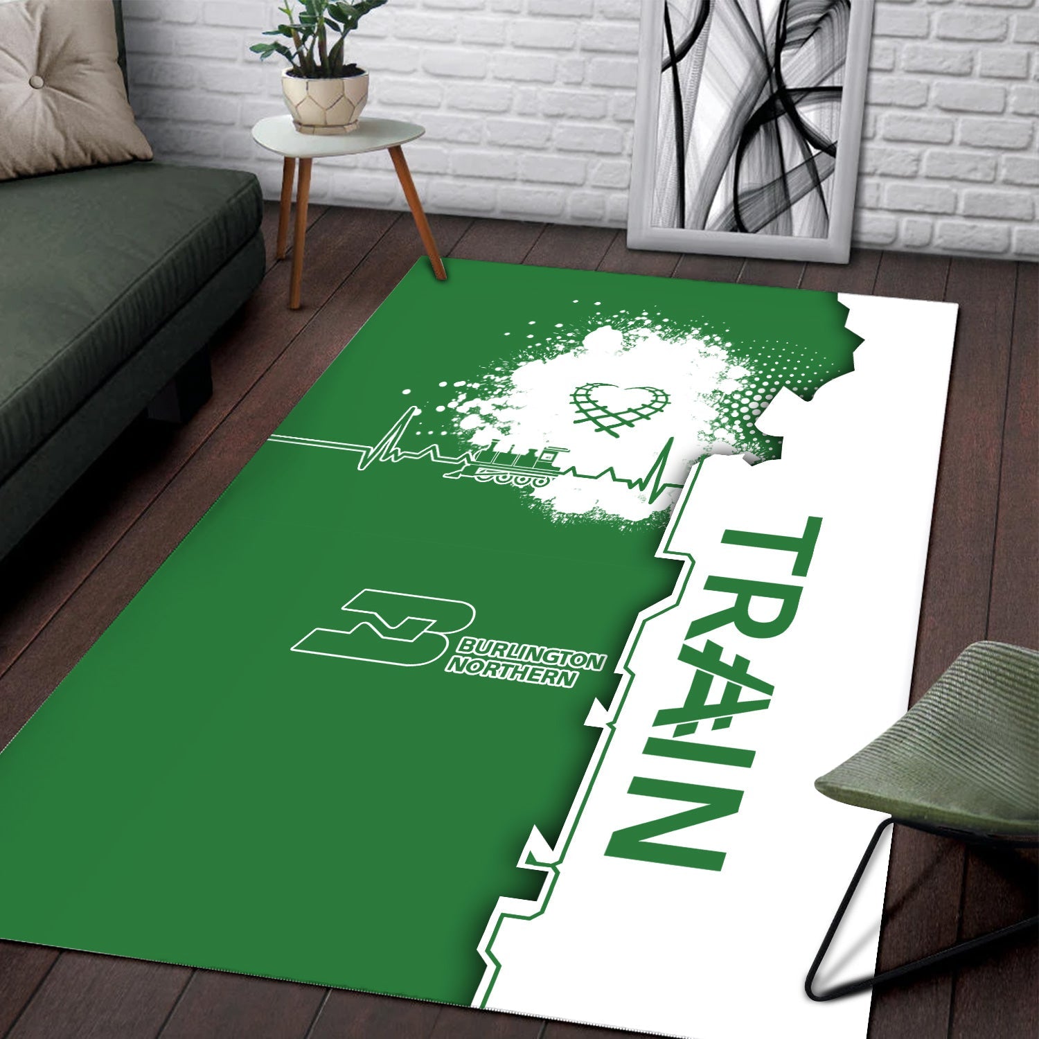 Railspirit Burlington Northern Railroad Area Rug Engine Heartbeat and Track Love Style Rug Gift Idea For Train Lovers