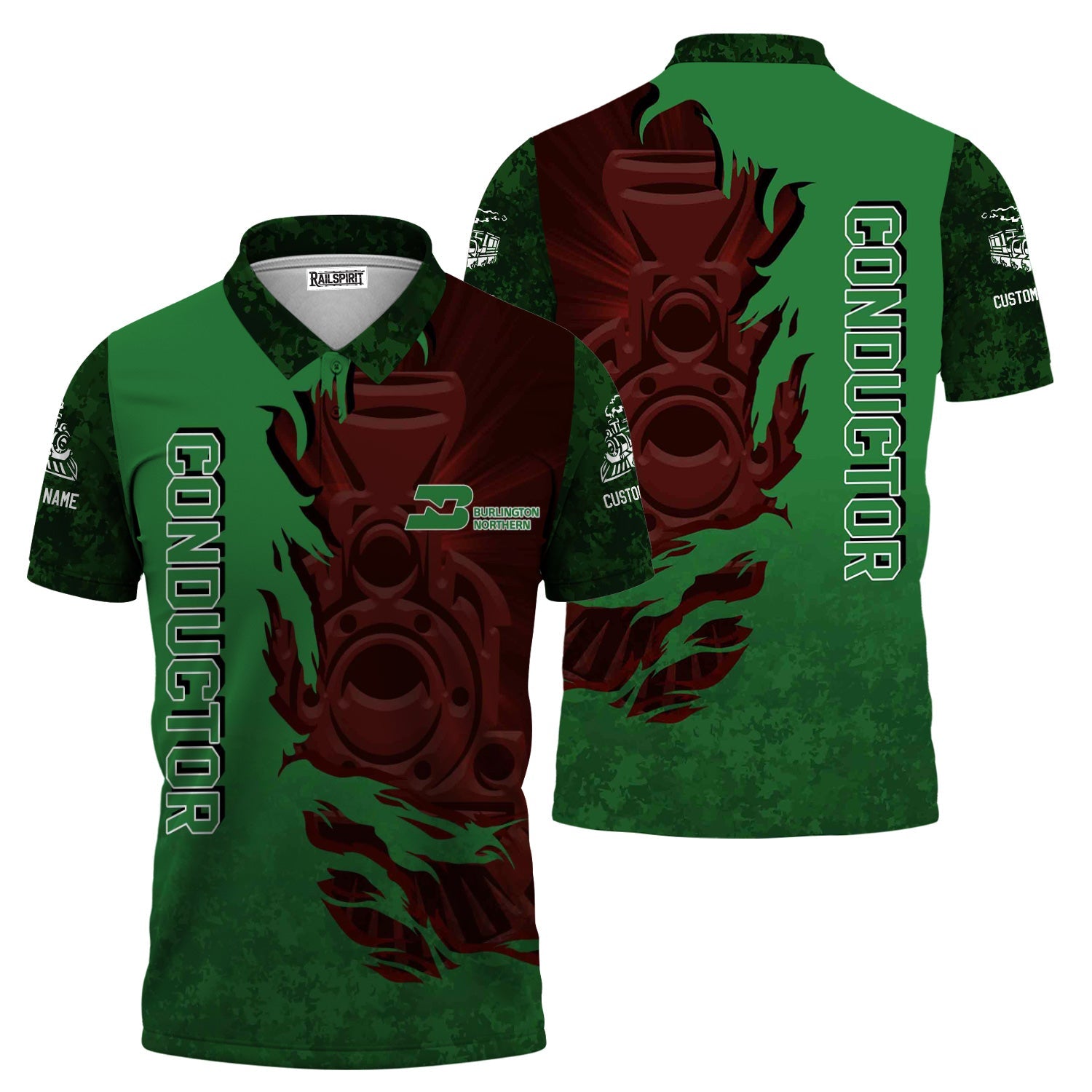 Railspirit Personalized Burlington Northern Railroad Polo Shirt Blazing Style with Custom Position Train Shirt