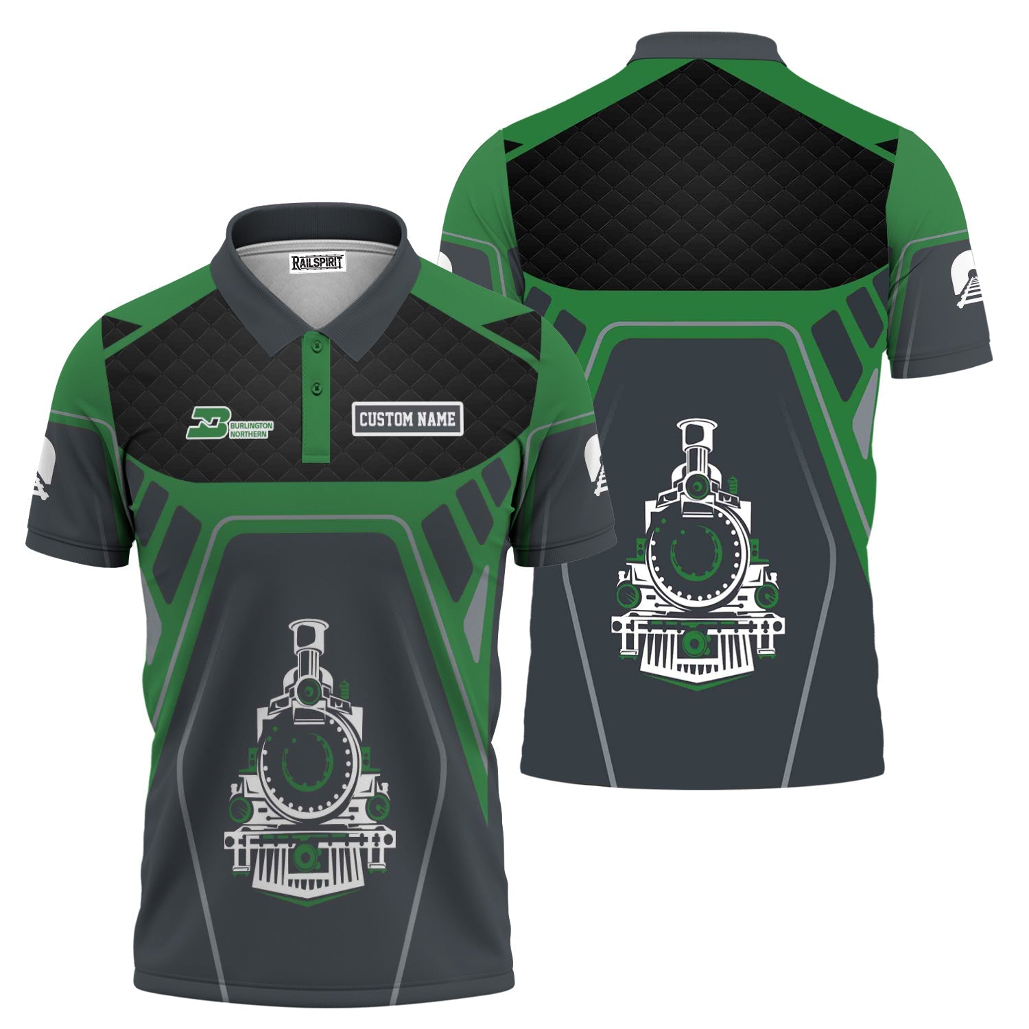 Railspirit Personalized Burlington Northern Railroad Polo Shirt Steam Locomotive Engine Graphic Train Shirt All Over Print