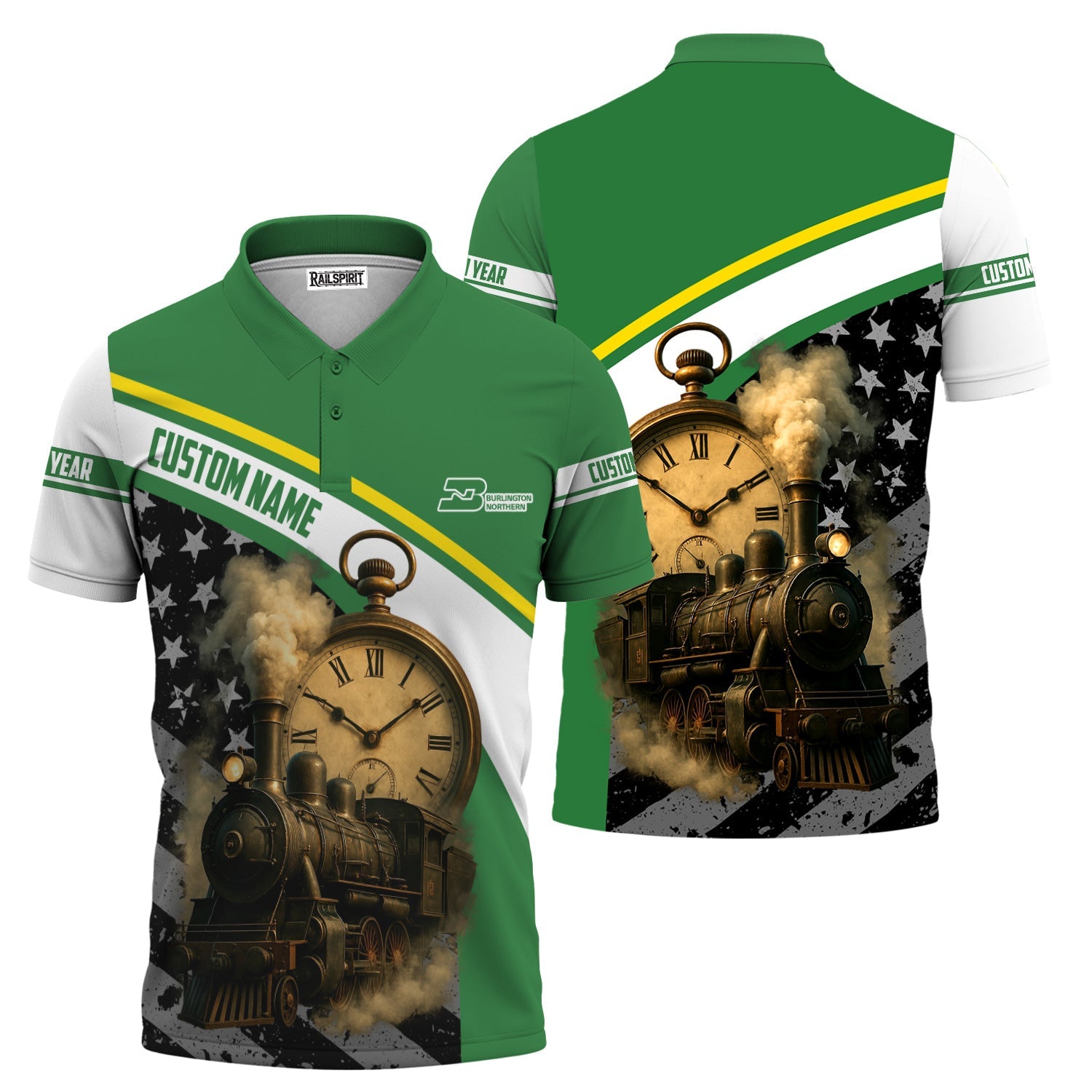 Railspirit Personalized Burlington Northern Railroad Polo Shirt Classic Steam Engine With Retro Pocket Watch Shirt All Over Print