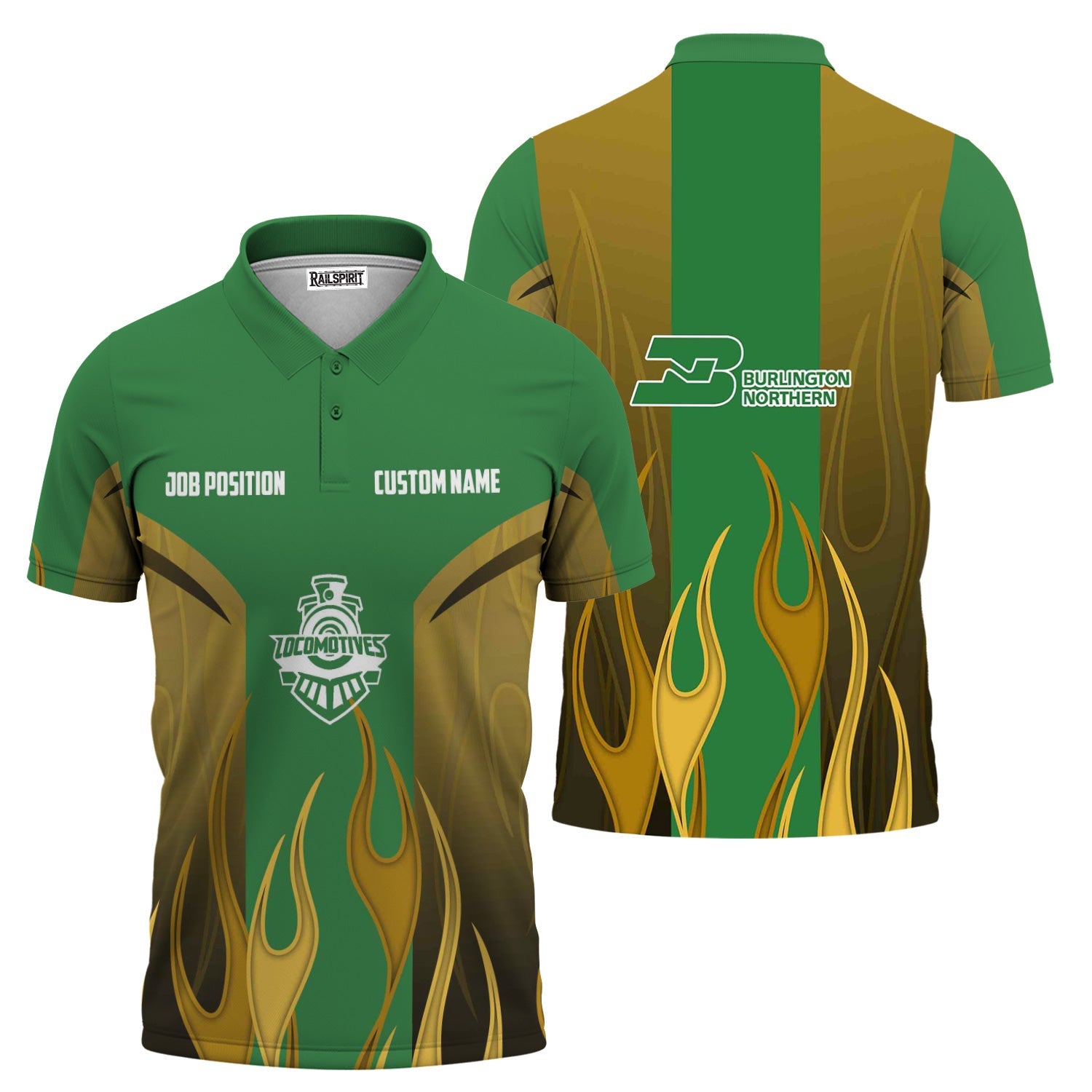 Railspirit Custom Name and Job Title Burlington Northern Railroad Polo Shirt Flame Graphic Train Shirt