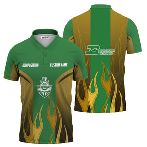 Railspirit Custom Name and Job Title Burlington Northern Railroad Polo Shirt Flame Graphic Train Shirt