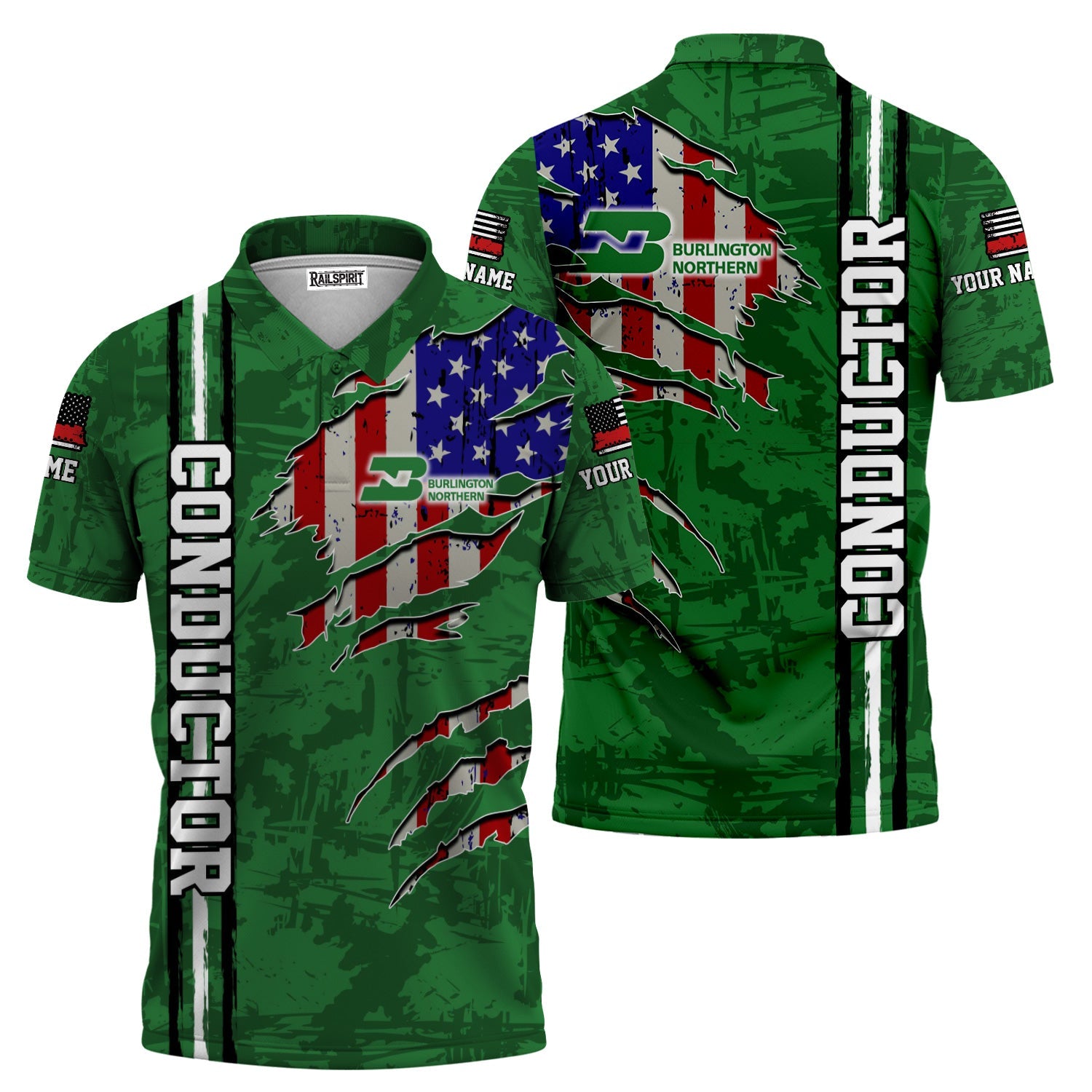 Railspirit Personalized Burlington Northern Railroad Polo Shirt USA Flag Claw Art with Custom Job Train Shirt