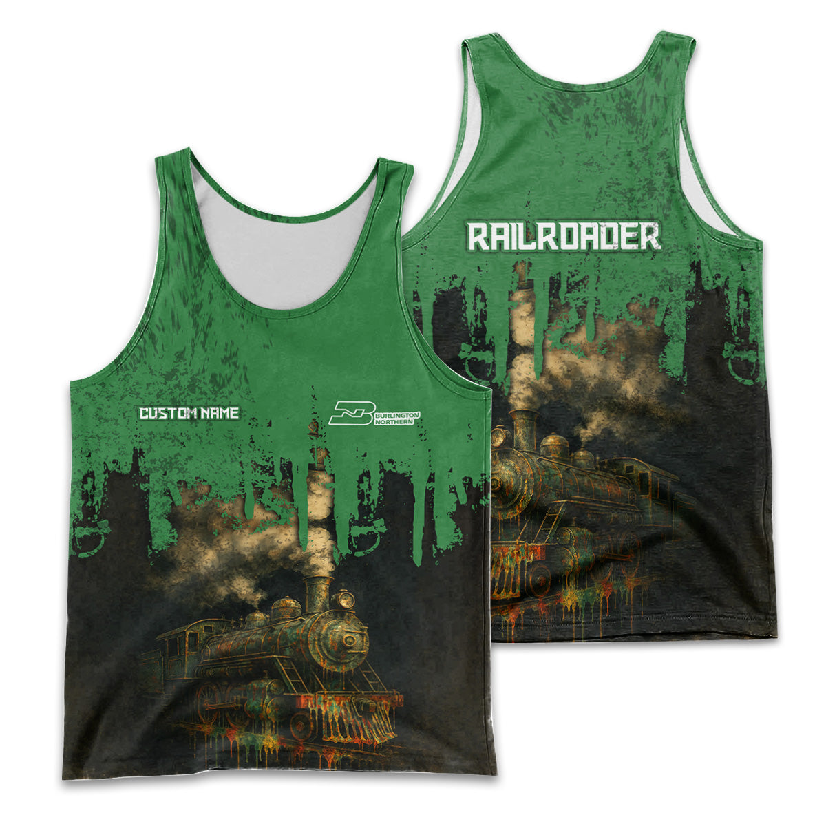 Railspirit Personalized Burlington Northern Railroad Men Tank Top Vintage Train Art Style Shirt For Locomotive Fans