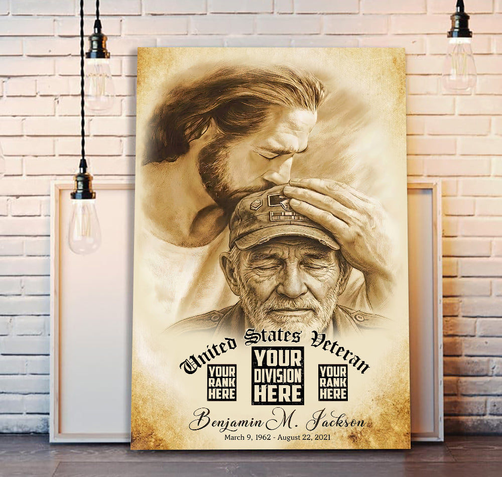 Custom Image Personalized Veteran Memorial Wall Art Canvas, Jesus Honoring Fallen Soldier, Custom Military Tribute Print, Gift for Veteran Family