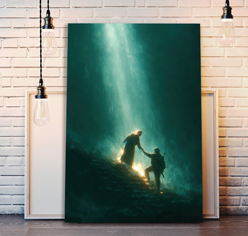 Christian Wall Art Jesus Saves Soldier, Faith Based Canvas Artwork, Inspirational Religious Home Decor Gift