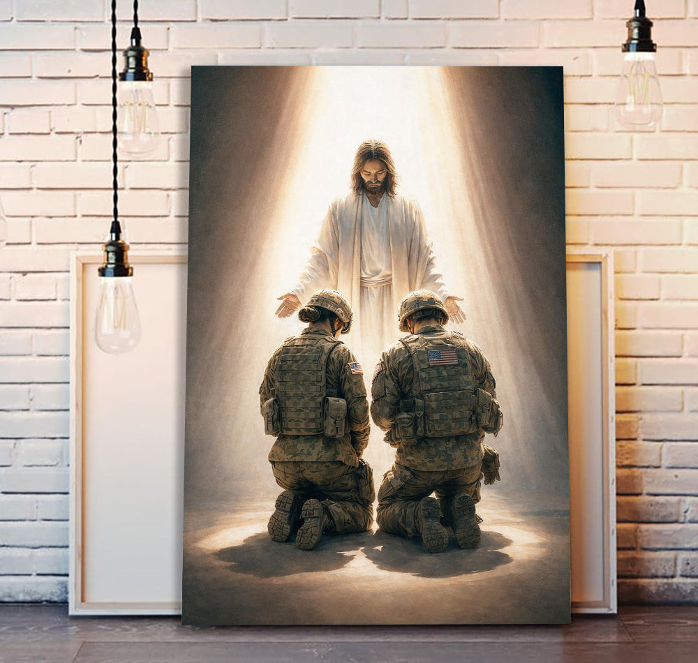 Jesus With Soldiers Wall Art Canvas Print, Christian Military Decor, Faith Based Canvas For Veteran, Patriotic Gift For Family Home Decor