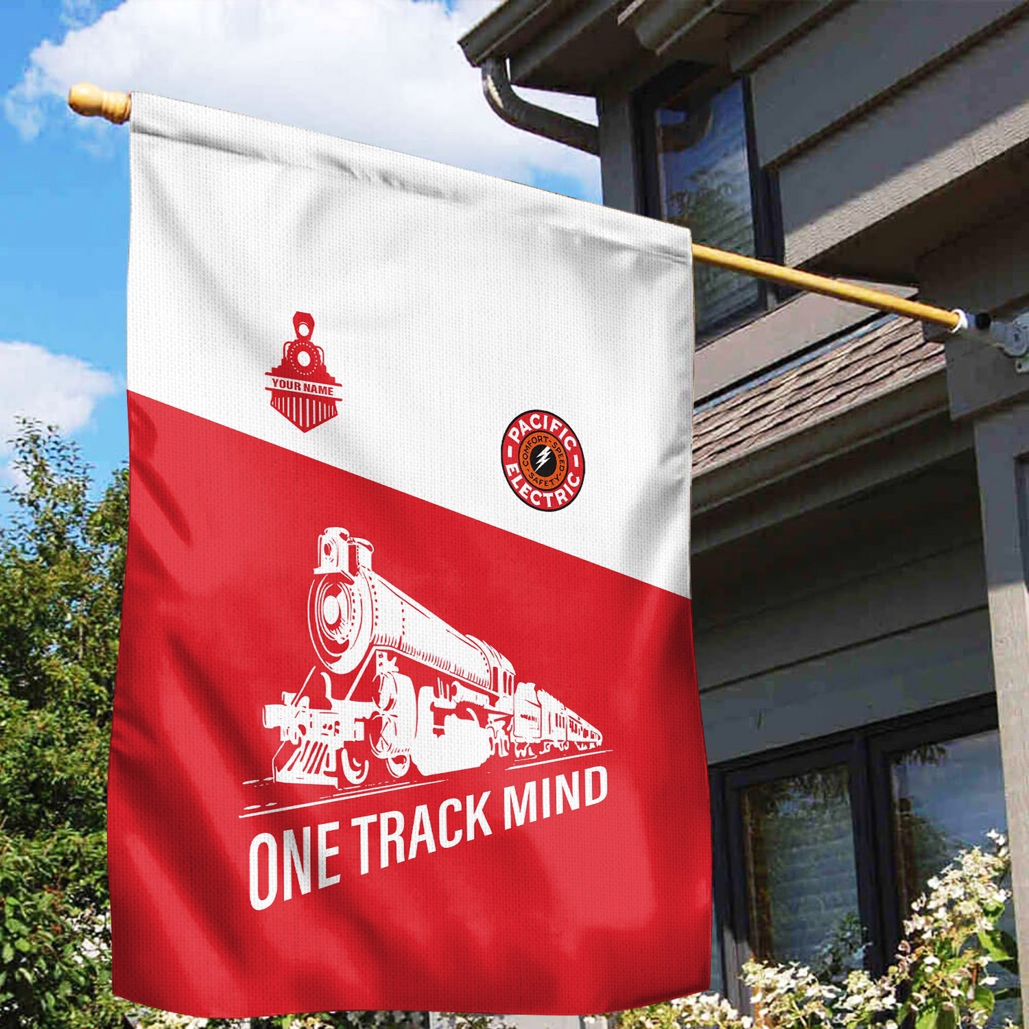 Railspirit Personalized Pacific Electric Railroad Garden Flag One Track Mind Flag Gift Idea For Train Lover