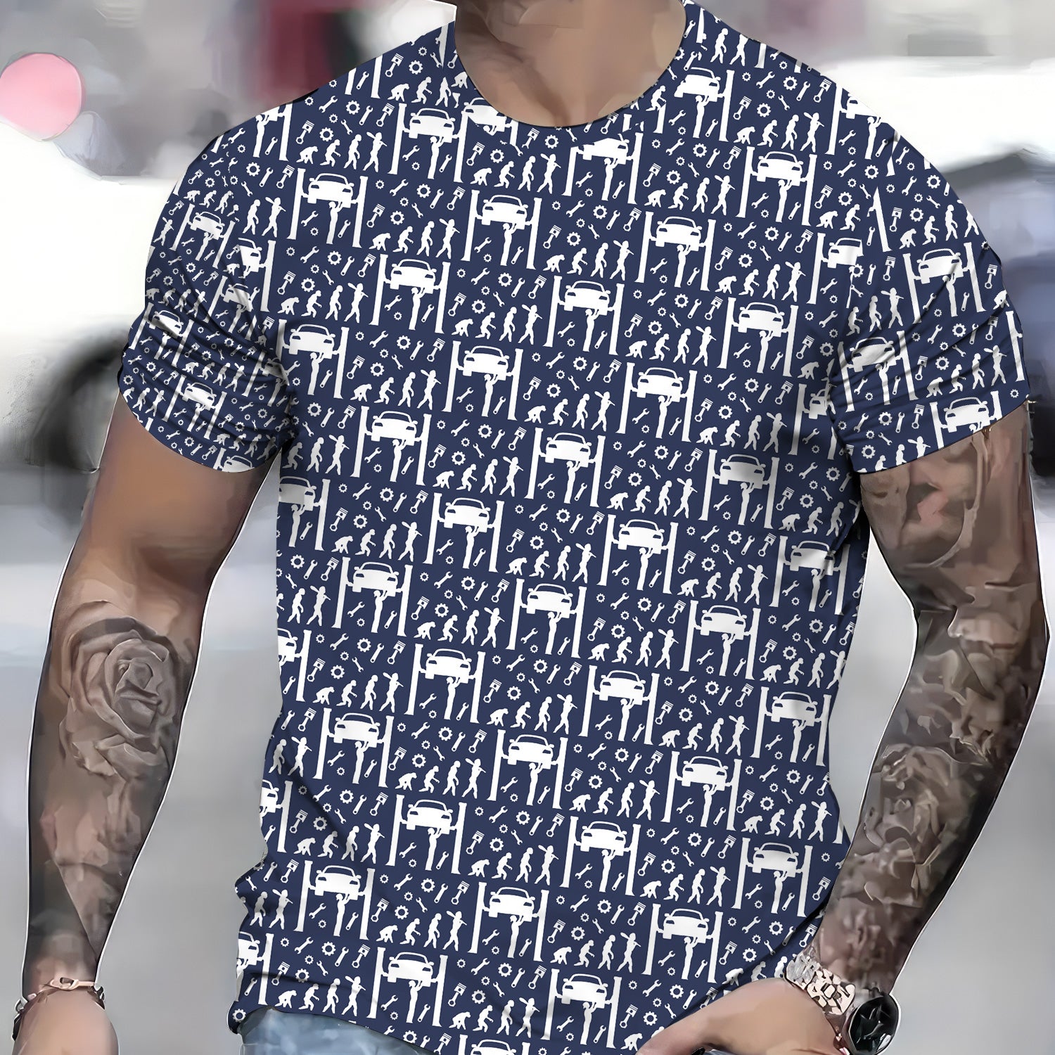 Mechanic Pattern Shirt, All Over Print Auto Repair T-Shirt, Garage Workwear Tee, Car Repair Tools Graphic, Funny Mechanic Gift for Men