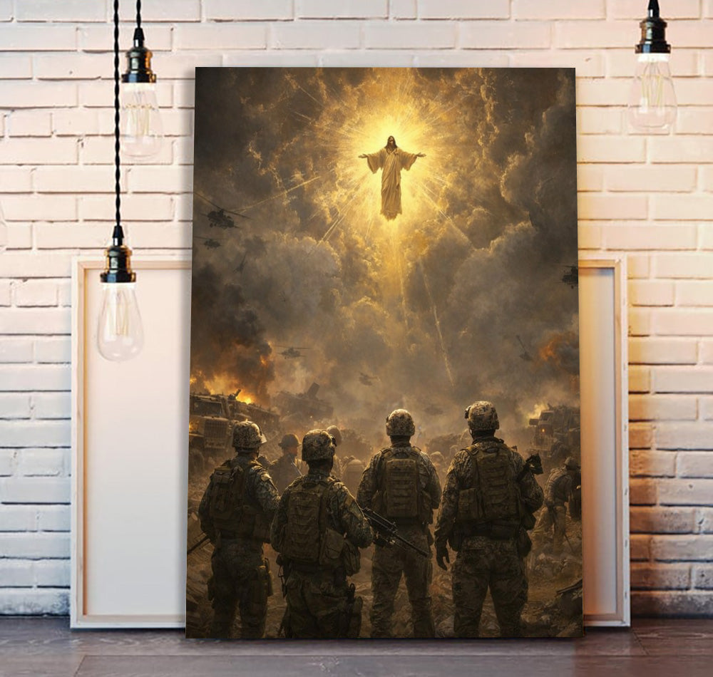 Jesus Protecting Soldiers Wall Art Christian Military Faith Canvas Print Veteran Gift for Men Dad Husband Religious Home Decor