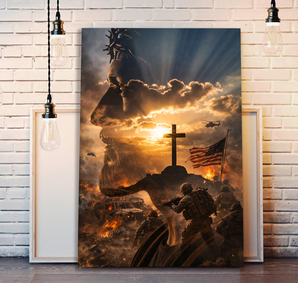Jesus Christ Battlefield Wall Art, Faith Over War Christian Canvas Print, Soldier Cross Art, Military Christian Decor Gift