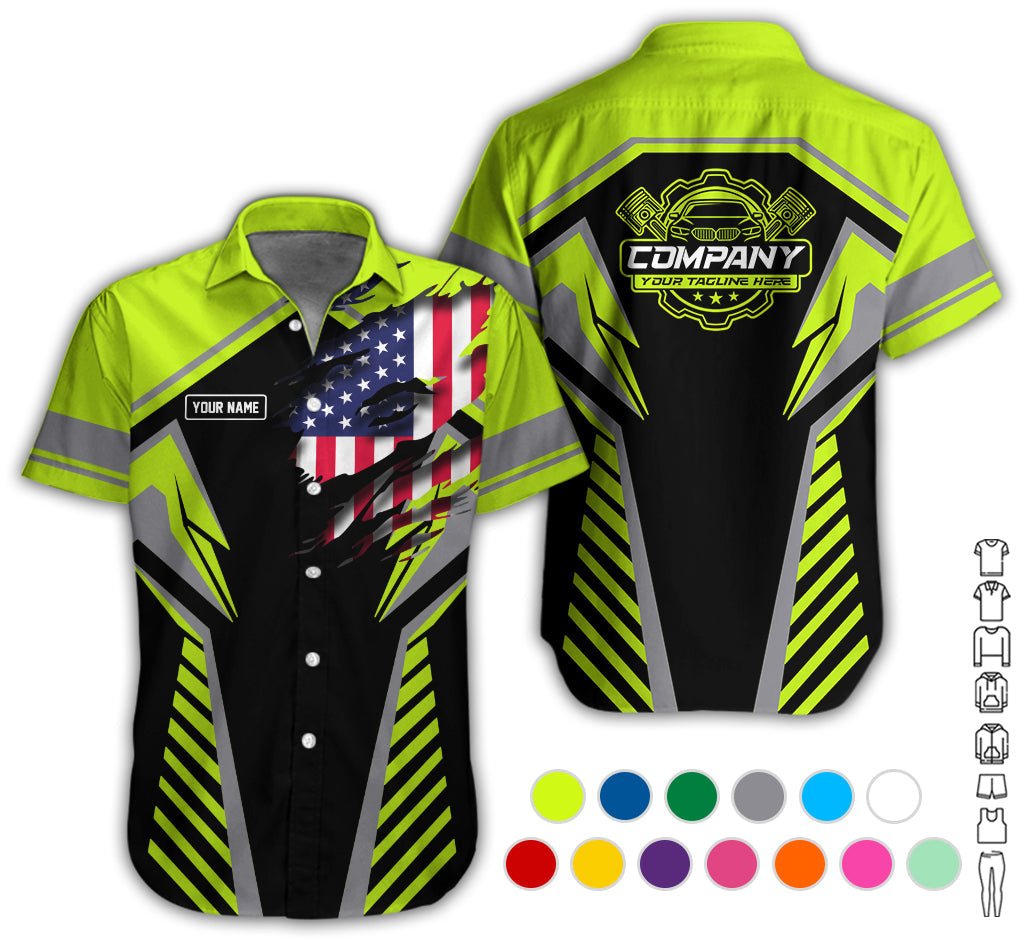 Personalized Diesel Mechanic Shirt, Yellow Green Garage Uniform, Gift for Car Guys & Technicians, Size S to 5XL