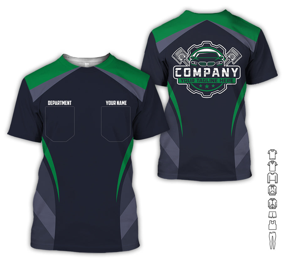 Custom Name Mechanic Shirt, Unisex Green Crew Shirt for Automotive Workers, Perfect Gift for Him, 3D Printed Pocket Shirt