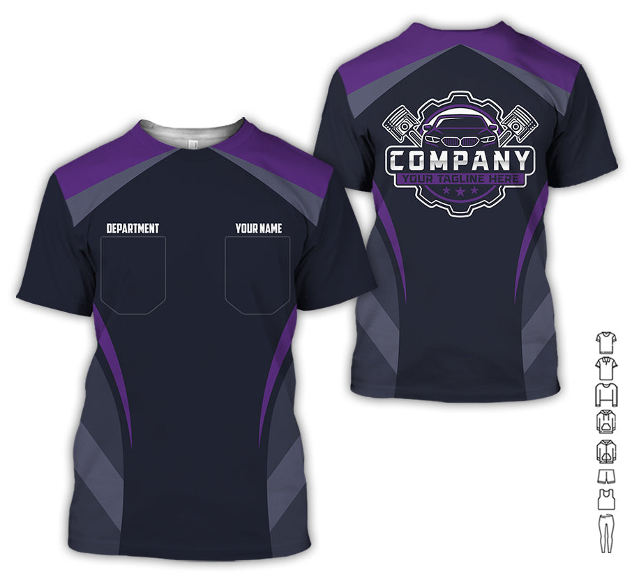 Custom Name Mechanic Shirt, Unisex Purple Crew Shirt for Automotive Workers, Perfect Gift for Him, 3D Printed Pocket Shirt