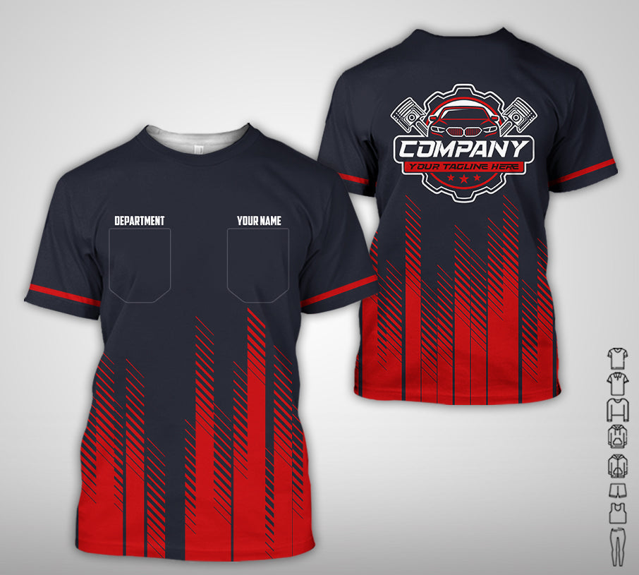 Personalized Mechanic Shirt in Red, 3D Printed Pocket Mechanic Shirt, Custom Name Work Shirt for Car Repair Technicians, Great Gift for Men