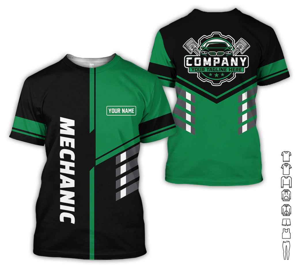 Personalized Work Shirt for Mechanics, Green 3D Printed Uniform for Men, Perfect Gift for Car Lovers and Garage Workers