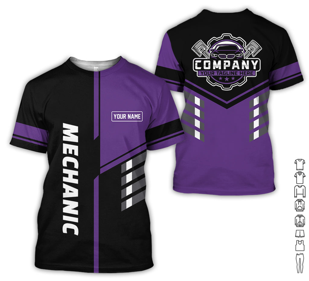 Personalized Work Shirt for Mechanics, Purple 3D Printed Uniform for Men, Perfect Gift for Car Lovers and Garage Workers