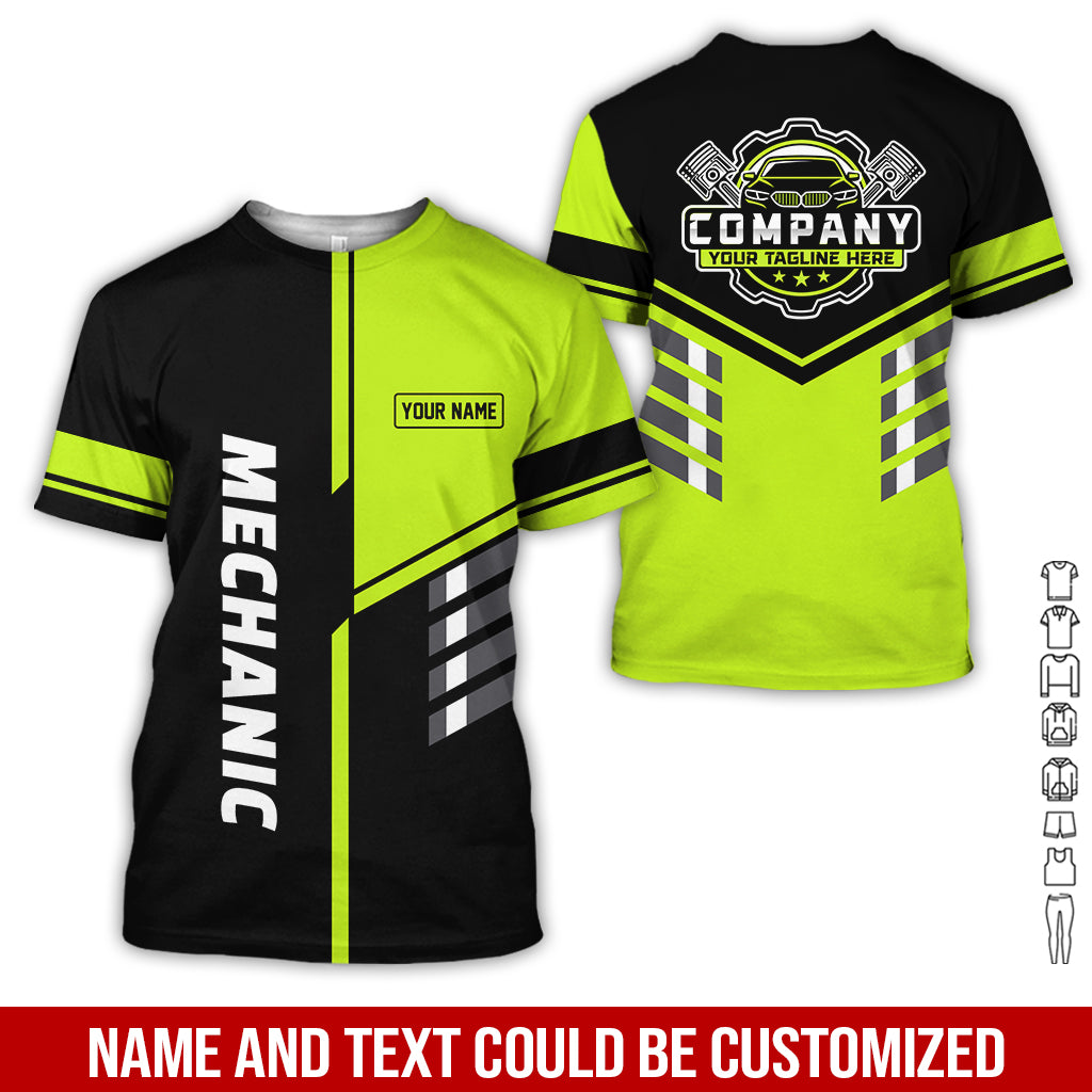 Personalized Work Shirt for Mechanics, Yellow Green 3D Printed Uniform for Men, Perfect Gift for Car Lovers and Garage Workers