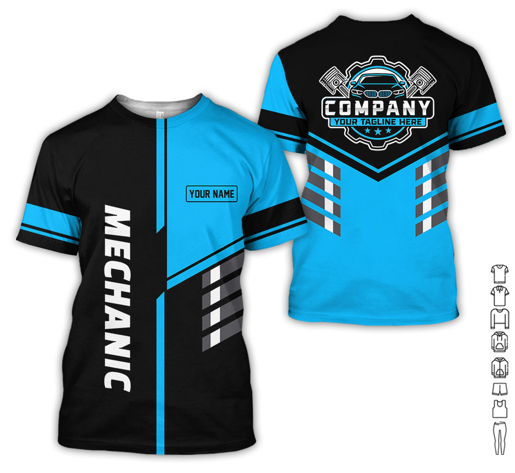 Personalized Work Shirt for Mechanics, Blue 3D Printed Uniform for Men, Perfect Gift for Car Lovers and Garage Workers