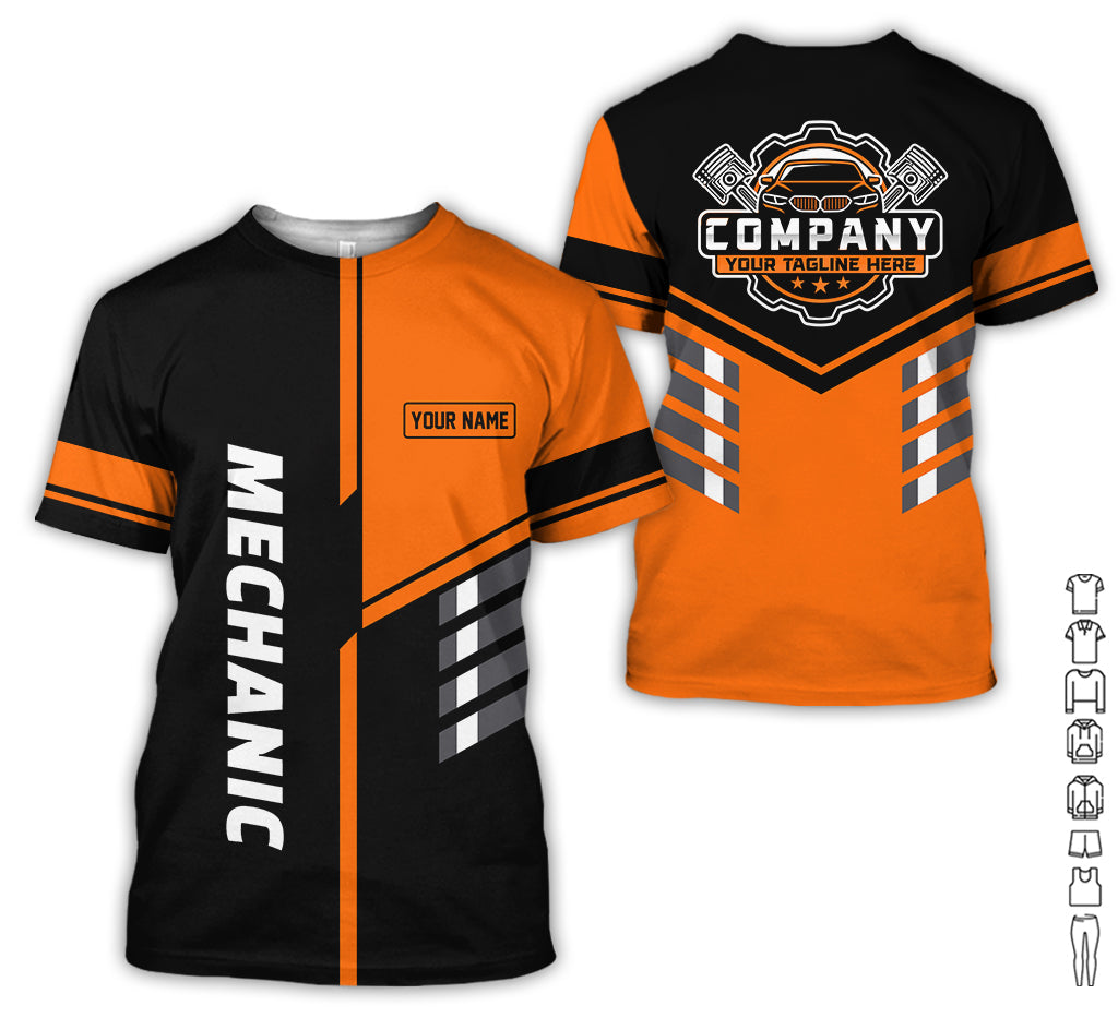 Personalized Work Shirt for Mechanics, Orange 3D Printed Uniform for Men, Perfect Gift for Car Lovers and Garage Workers
