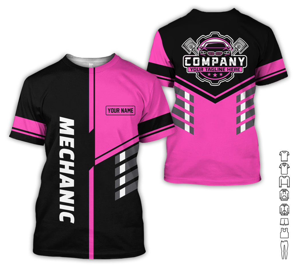 Personalized Work Shirt for Mechanics, Pink 3D Printed Uniform for Men, Perfect Gift for Car Lovers and Garage Workers
