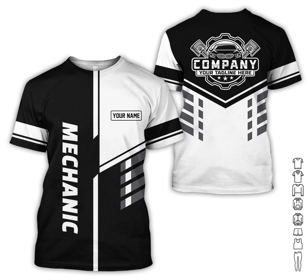 Personalized Work Shirt for Mechanics, White 3D Printed Uniform for Men, Perfect Gift for Car Lovers and Garage Workers