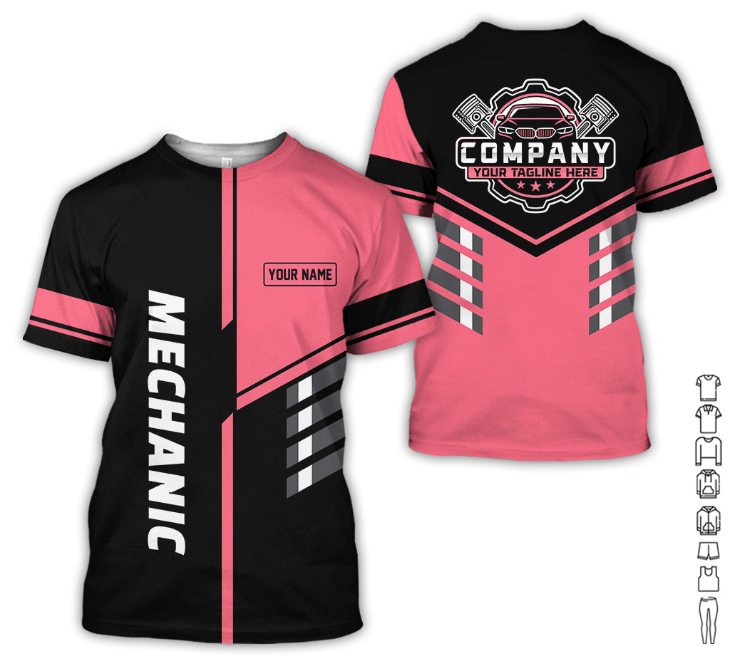 Personalized Work Shirt for Mechanics, Neon Pink 3D Printed Uniform for Men, Perfect Gift for Car Lovers and Garage Workers