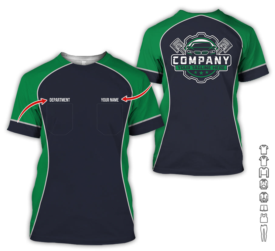 Custom Name Mechanic Shirt for Men, Personalized Garage Workwear Print, Great Gift for Auto Techs, Green Mechanic T-Shirt