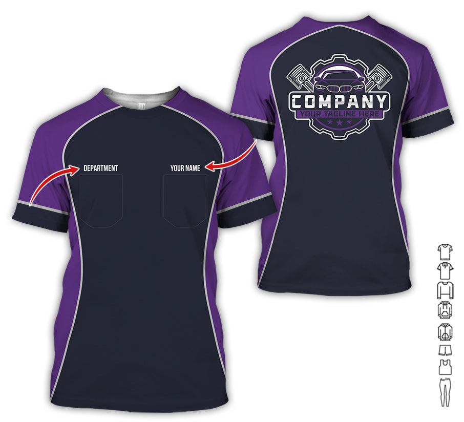 Custom Name Mechanic Shirt for Men, Personalized Garage Workwear Print, Great Gift for Auto Techs, Purple Mechanic T-Shirt