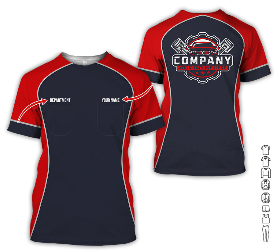 Custom Name Mechanic Shirt for Men, Personalized Garage Workwear Print, Great Gift for Auto Techs, Red Mechanic T-Shirt