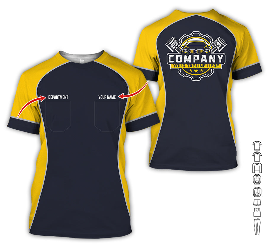 Custom Name Mechanic Shirt for Men, Personalized Garage Workwear Print, Great Gift for Auto Techs, Yellow Mechanic T-Shirt