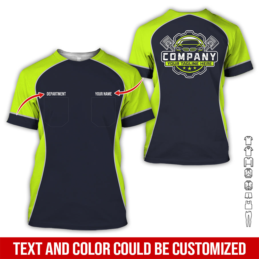Custom Name Mechanic Shirt for Men, Personalized Garage Workwear Print, Great Gift for Auto Techs, Yellow Green Mechanic T-Shirt