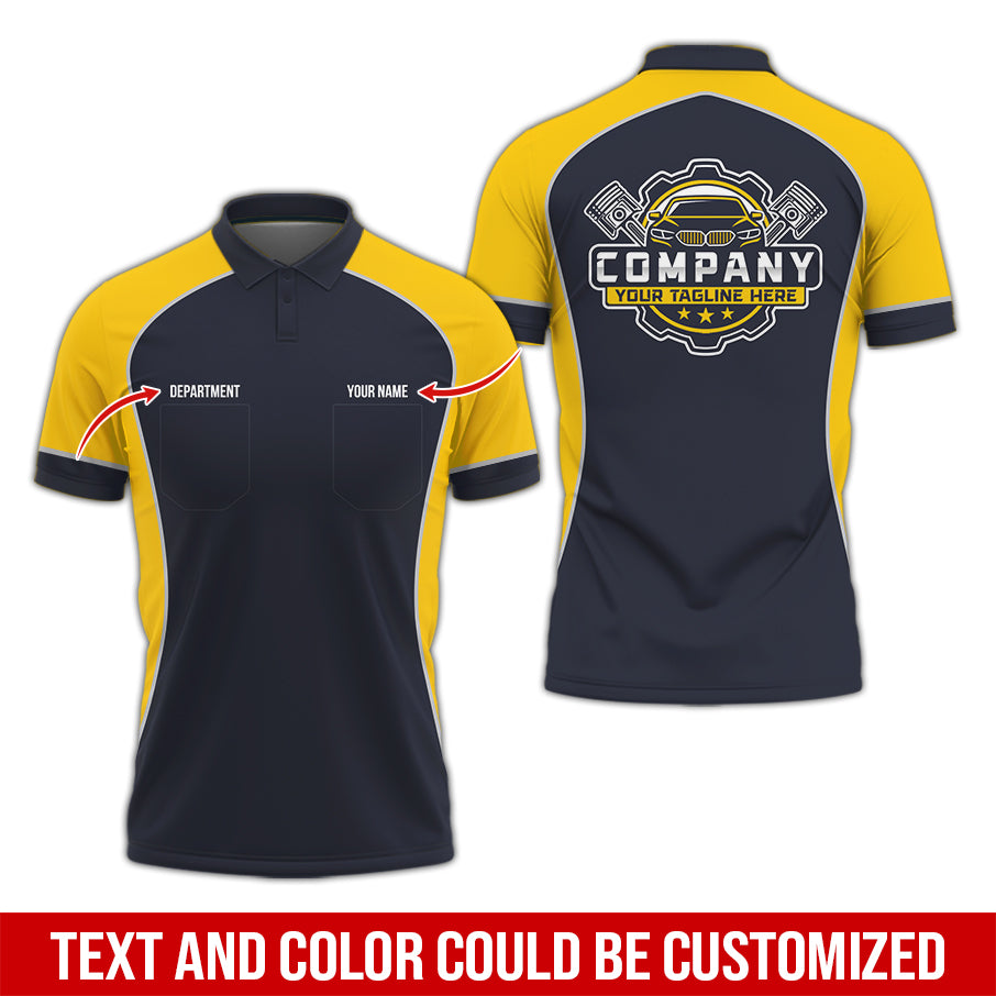 Custom Name Mechanic Shirt for Men, Personalized Garage Workwear Print, Great Gift for Auto Techs, Yellow Mechanic T-Shirt