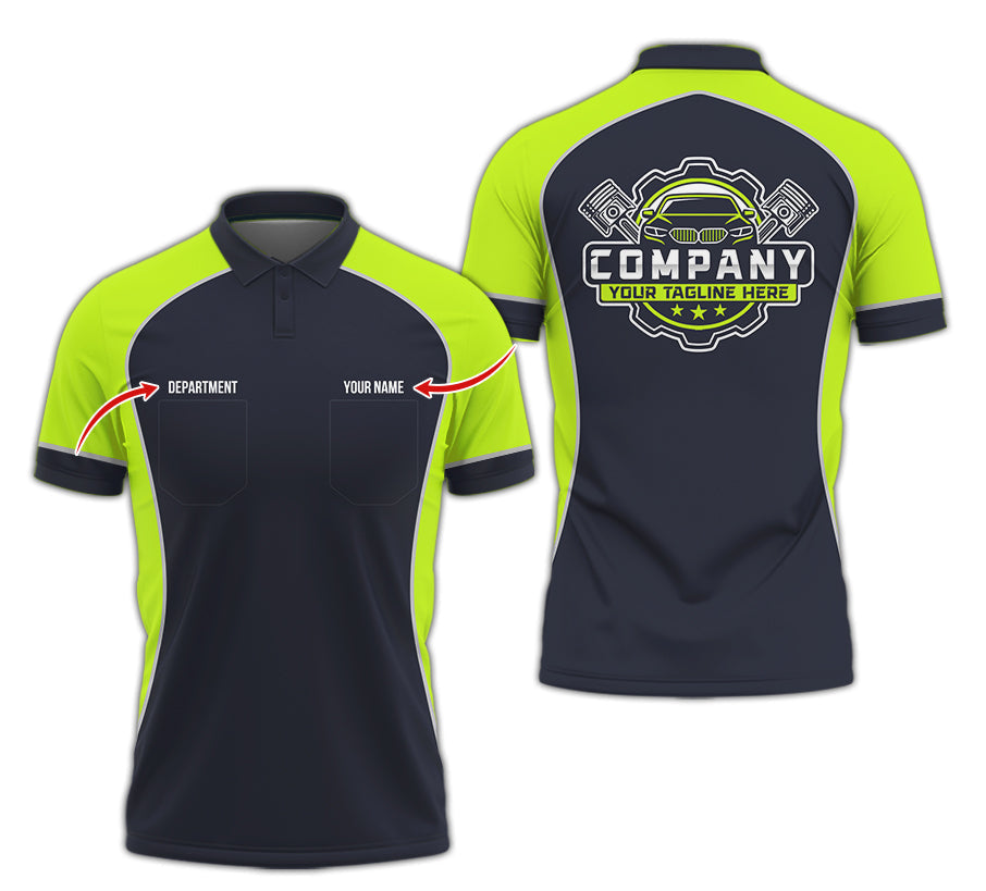 Custom Name Mechanic Shirt for Men, Personalized Garage Workwear Print, Great Gift for Auto Techs, Yellow Green Mechanic T-Shirt