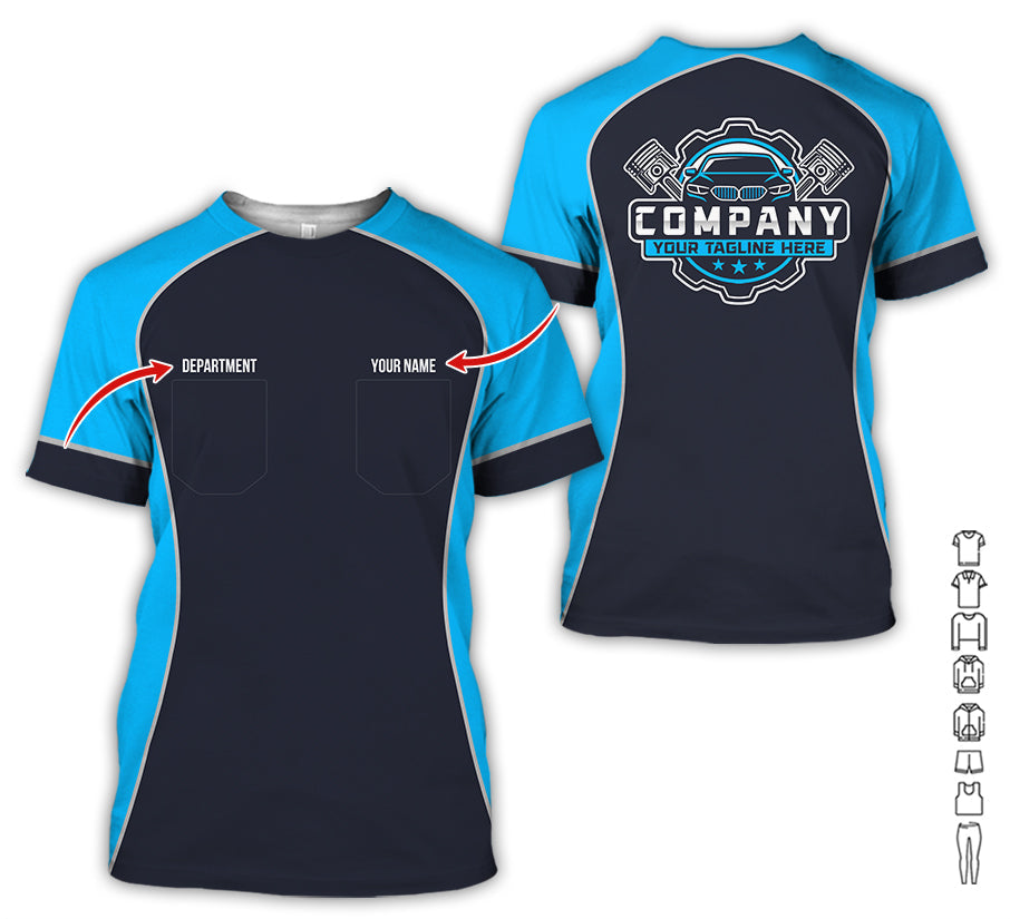 Custom Name Mechanic Shirt for Men, Personalized Garage Workwear Print, Great Gift for Auto Techs, Blue Mechanic T-Shirt