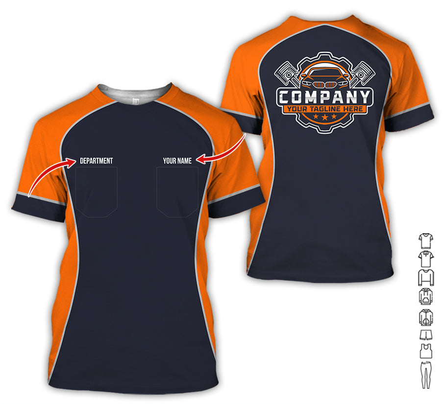 Custom Name Mechanic Shirt for Men, Personalized Garage Workwear Print, Great Gift for Auto Techs, Orange Mechanic T-Shirt