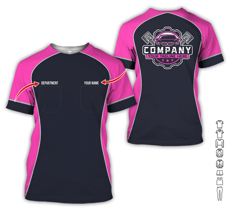 Custom Name Mechanic Shirt for Men, Personalized Garage Workwear Print, Great Gift for Auto Techs, Pink Mechanic T-Shirt