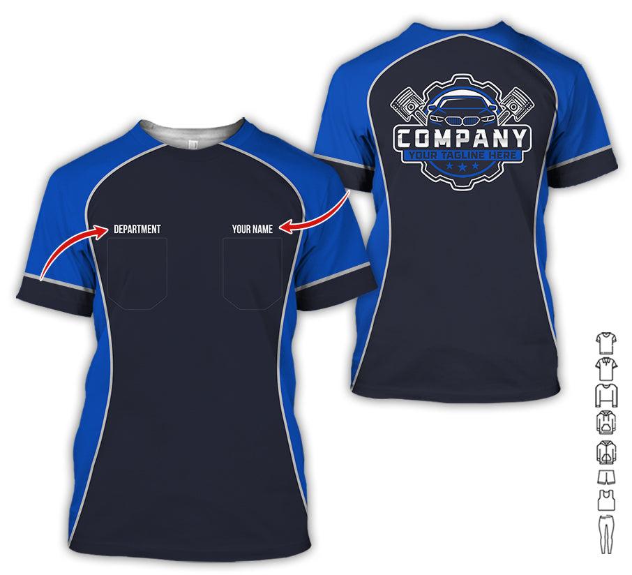 Custom Name Mechanic Shirt for Men, Personalized Garage Workwear Print, Great Gift for Auto Techs, Navy Mechanic T-Shirt