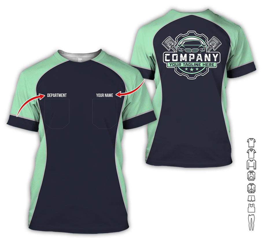 Custom Name Mechanic Shirt for Men, Personalized Garage Workwear Print, Great Gift for Auto Techs, Seafoam Mechanic T-Shirt