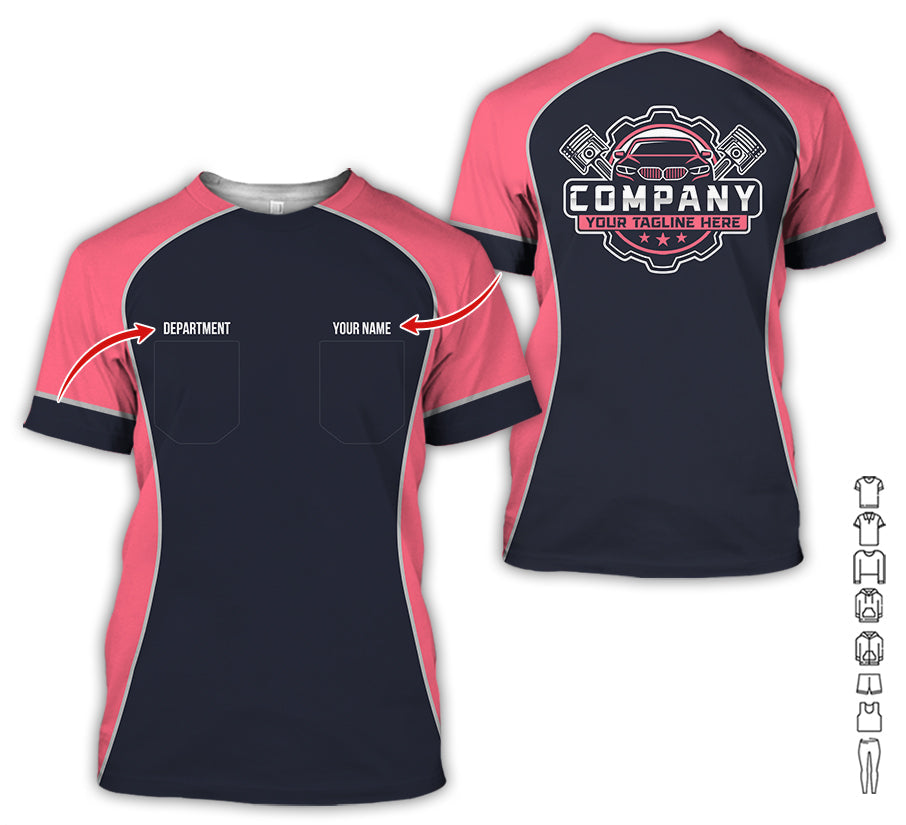 Custom Name Mechanic Shirt for Men, Personalized Garage Workwear Print, Great Gift for Auto Techs, Neon Pink Mechanic T-Shirt