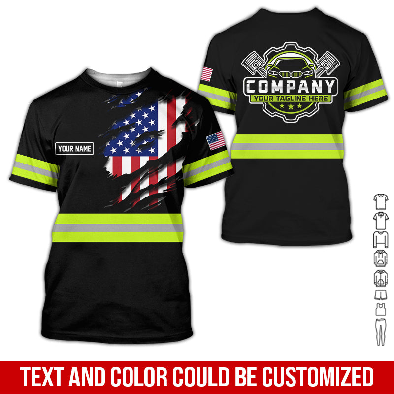 Personalized Auto Technician Shirt in Yellow Green, Custom Name Printed, Gift for Boyfriend, Husband, or Dad Who Loves Working on Cars
